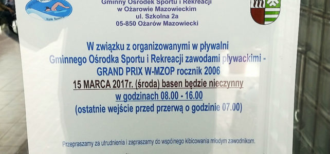Zapraszamy na zawody pływackie GRAND PRIX W-MOZP rocznik 2006 – I runda w Ożarowie Maz.